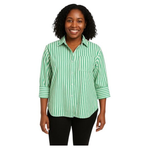 Pomander Place XS Half Sleeve Button Down High Low Green White Striped T… - Picture 1 of 7